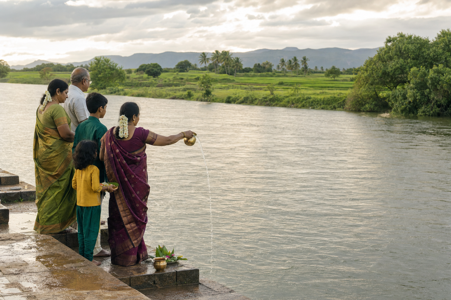 A multigenerational South Indian family makes simple flower and water offerings from stone steps beside a full green-banked river.