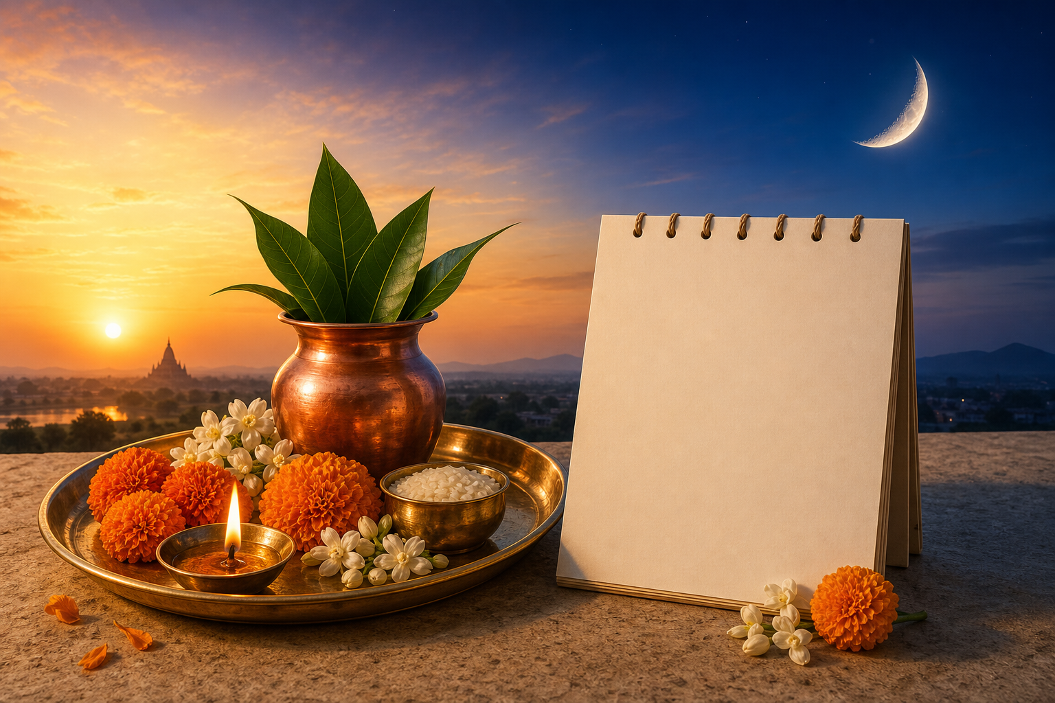 A brass puja tray with an oil lamp, flowers and a copper kalash beneath a sky transitioning from sunrise to a waxing moon.