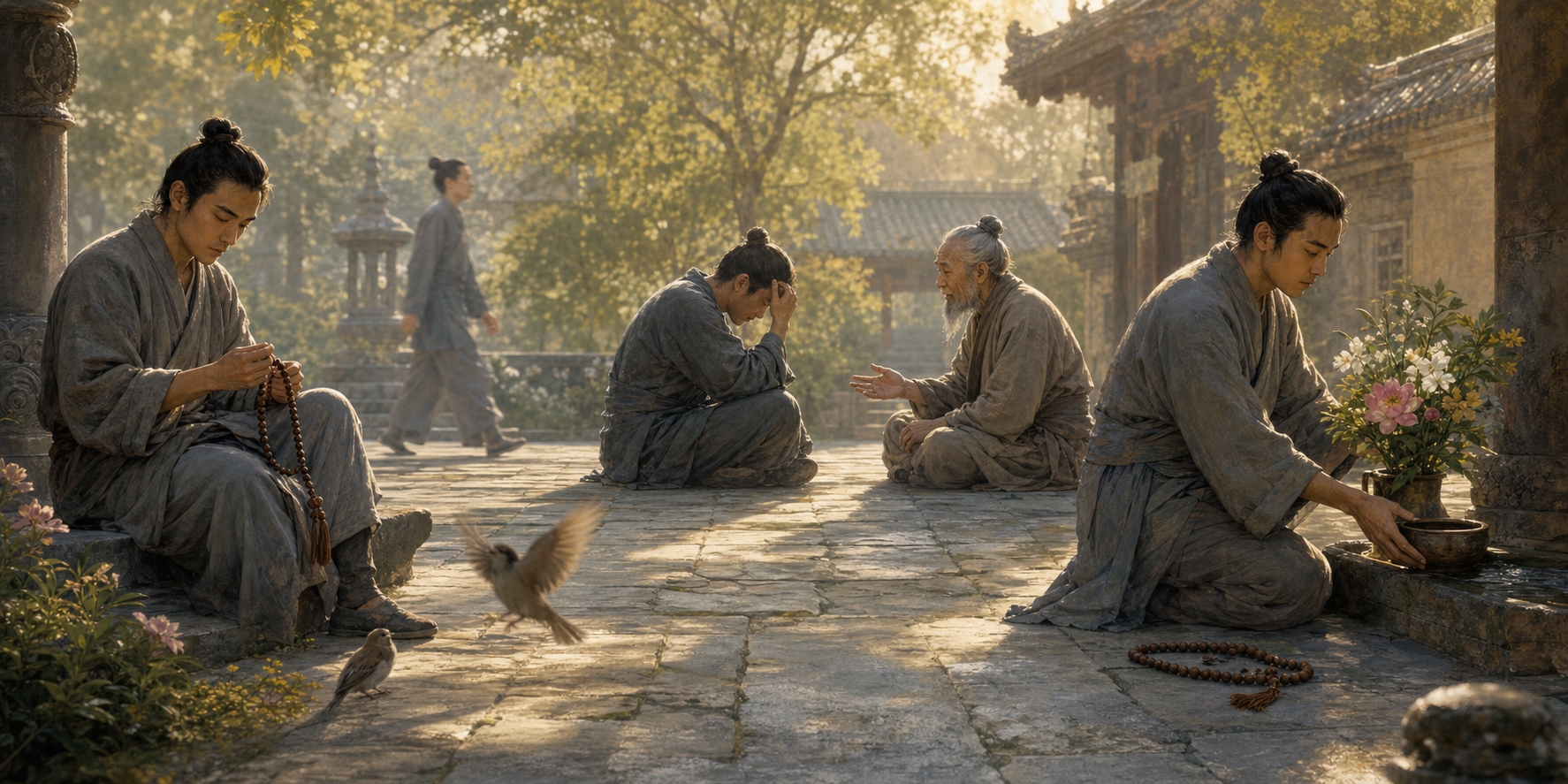 Three practitioners in a courtyard return attention to prayer beads, receive compassionate guidance, and make a careful offering of water and flowers.