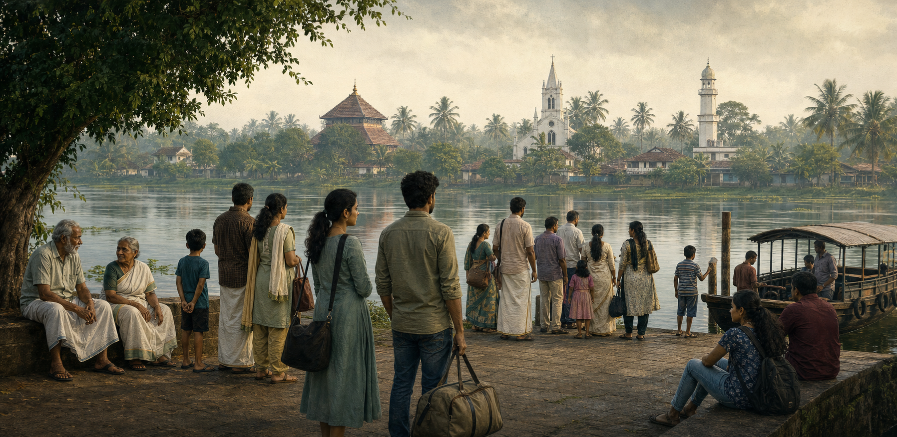 Malayali children, adults, and elders gather at a backwater ferry landing with a temple roof, church tower, and mosque minaret visible across the water.