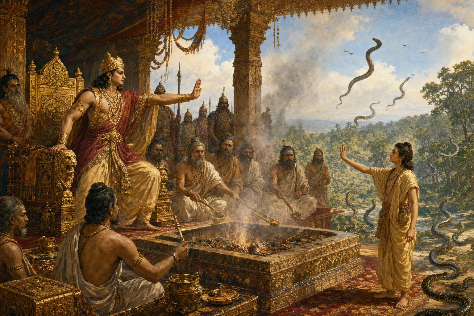 King Janamejaya signals priests to stop a fire ritual as the sage Astika appeals to him and unharmed serpents move away toward the forest.