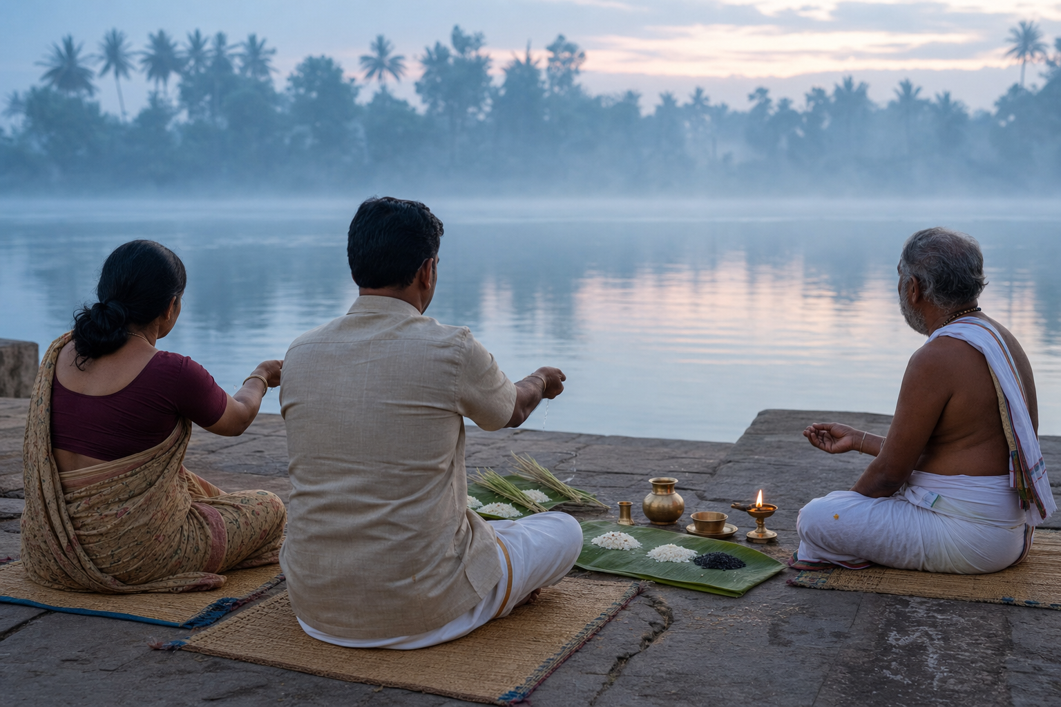 Two adults perform a quiet riverside ancestor-remembrance rite with brass vessels, darbha grass, sesame, and rice offerings under a priest's guidance.