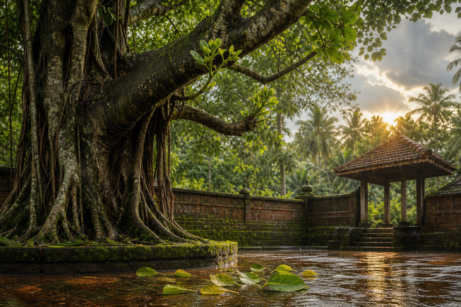 A living banyan tree with new buds on its branches and a larger scattering of fallen leaves on a rain-darkened Kerala courtyard.