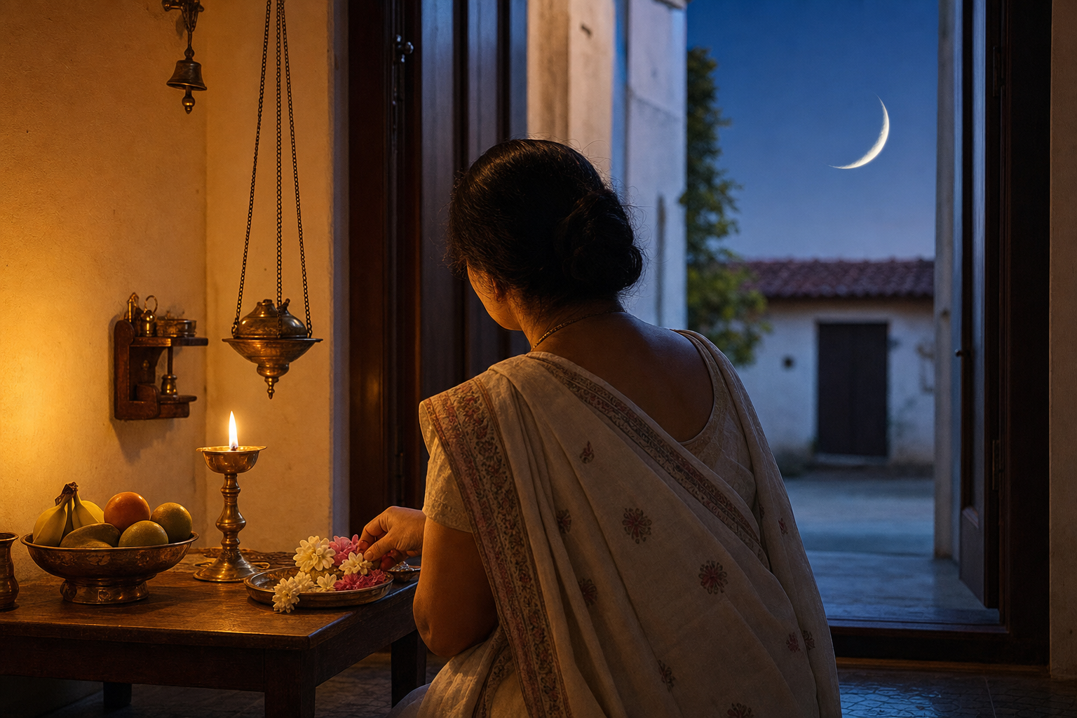 A devotee prepares flowers and a brass oil lamp at a home altar while a waxing moon is visible through the courtyard.