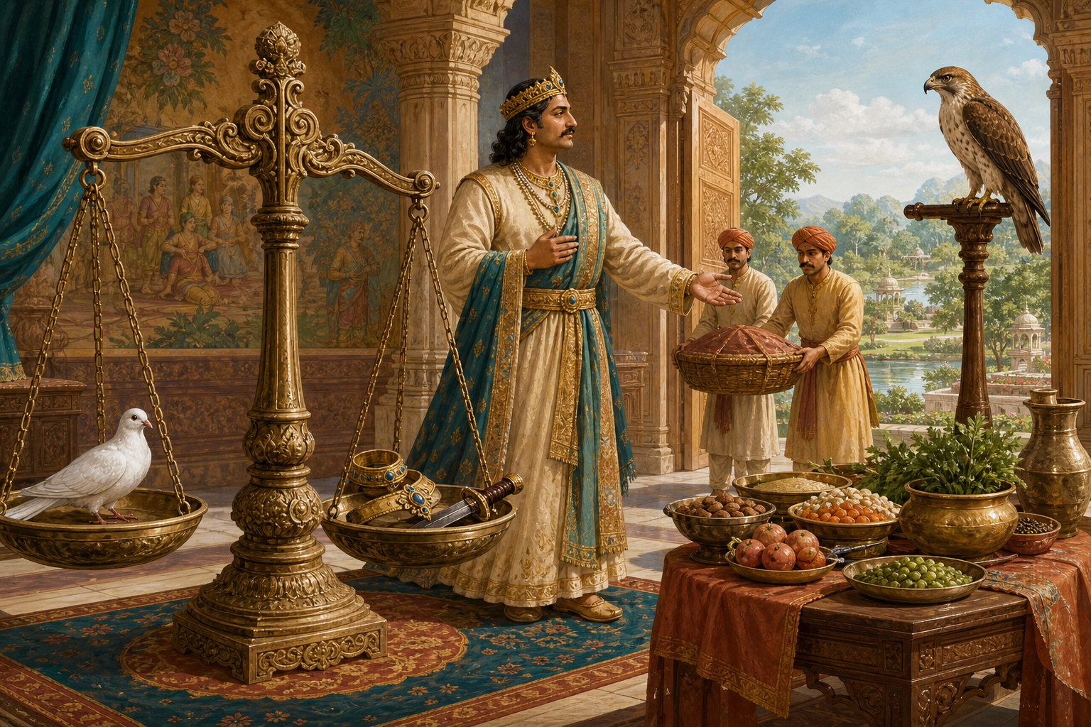 A balance holds a dove opposite a king's set-aside crown, armlet, and sheathed dagger while attendants bring food for a waiting hawk.