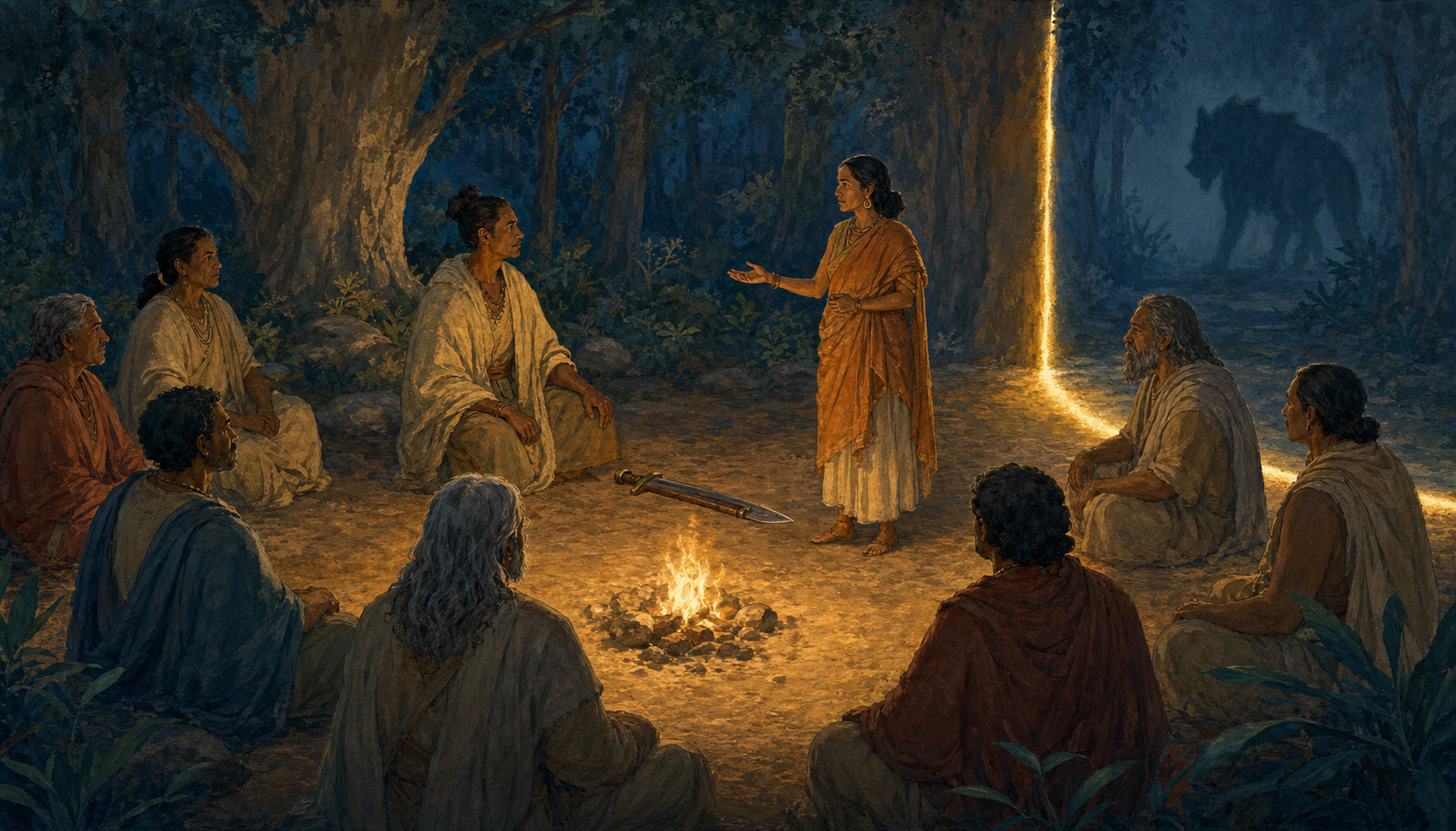 A protector, a protected adult, and elders meet beside a glowing threshold while a shadowed threat remains outside.