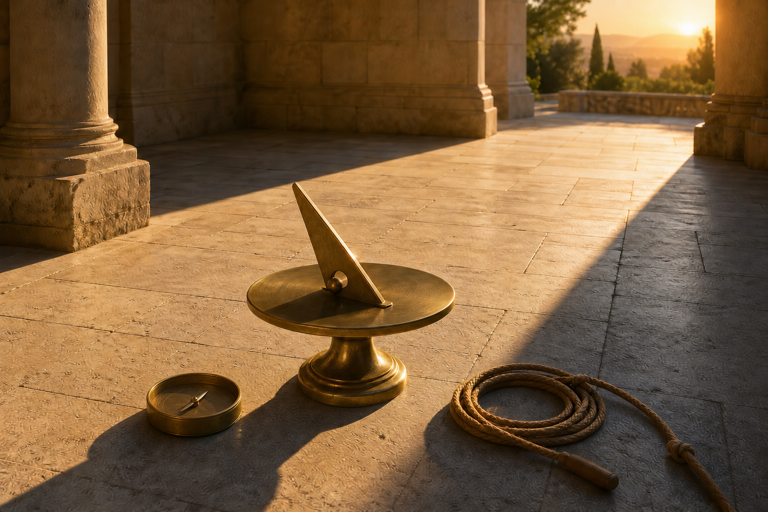 A brass sundial, compass and measuring cord sit among bands of sunlight and shadow in a stone courtyard.
