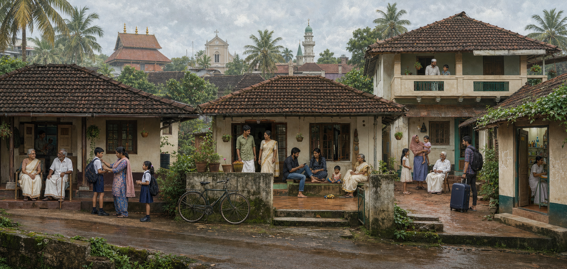 Three connected Kerala courtyards contain households with different mixes of children, working-age adults, and elders in the same neighborhood.
