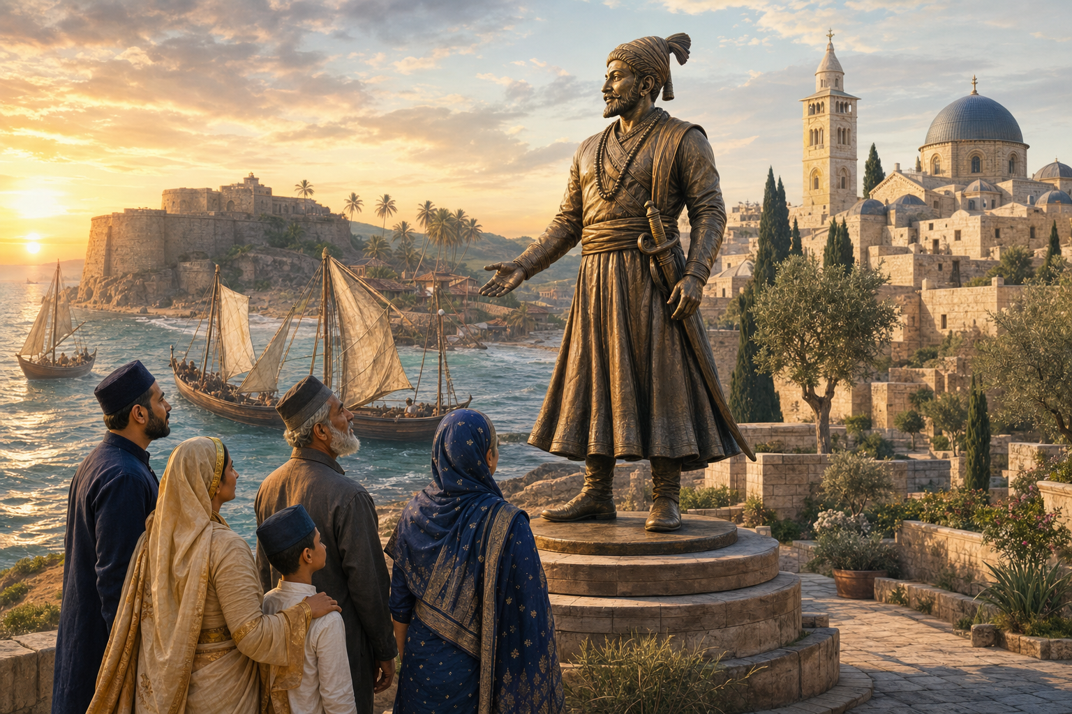 Conceptual illustration of an uninscribed bronze memorial to Shivaji beside a Bene Israel family, with the Konkan coast blending into a Jerusalem stone garden.