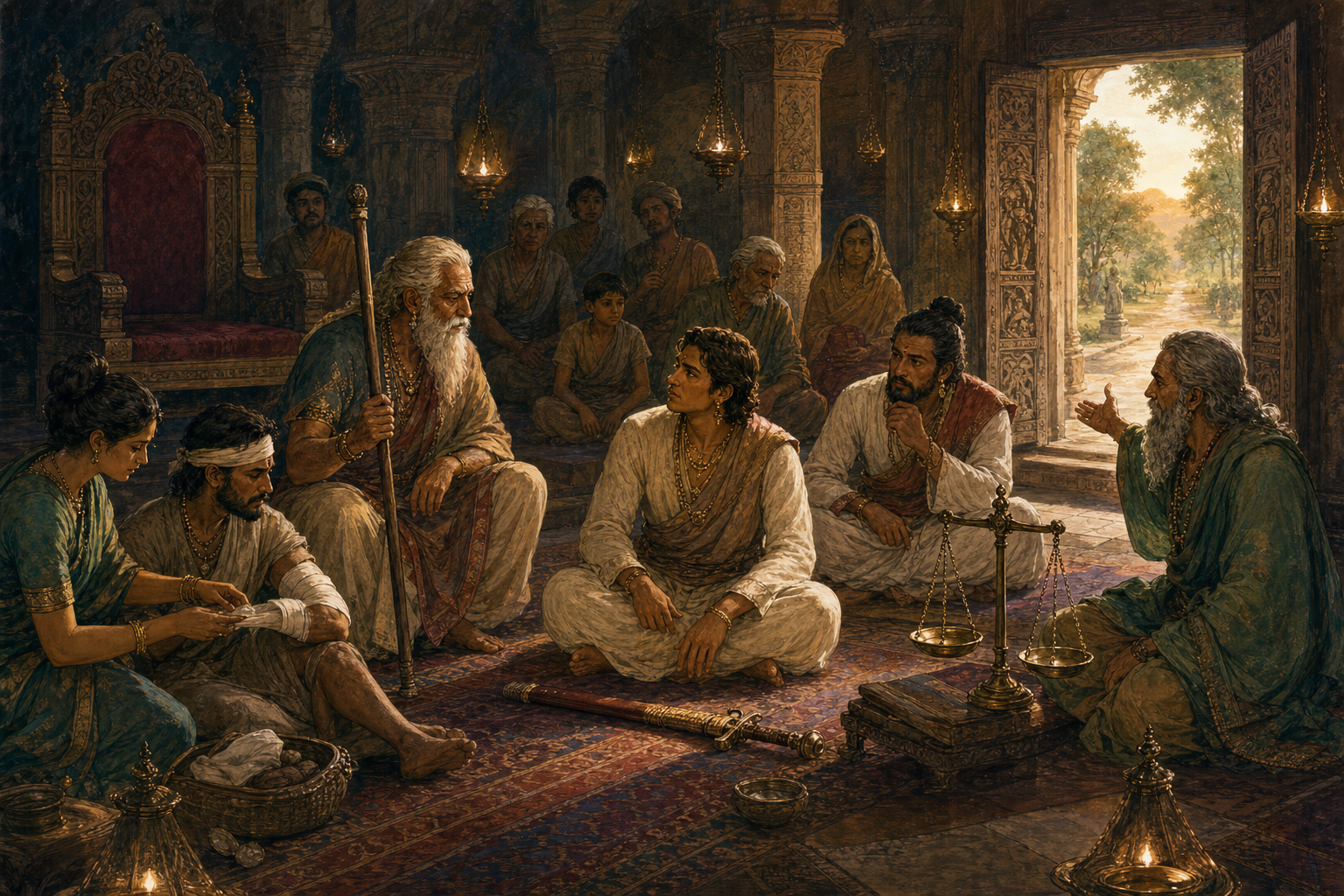 A seated ruler listens to four advisers represented by an elder, a healer, a jurist with an empty scale, and a forest sage near a sunlit doorway.