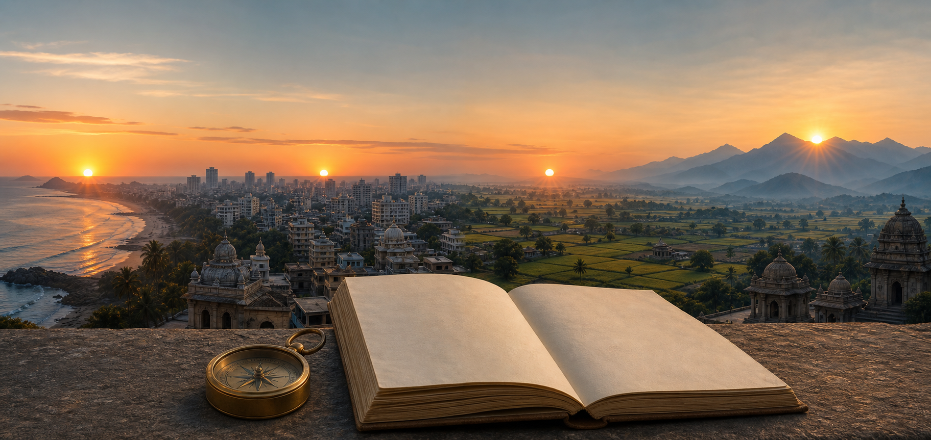 Coastal, urban, rural and mountain horizons share a dawn panorama beside a brass compass and a blank folded almanac.