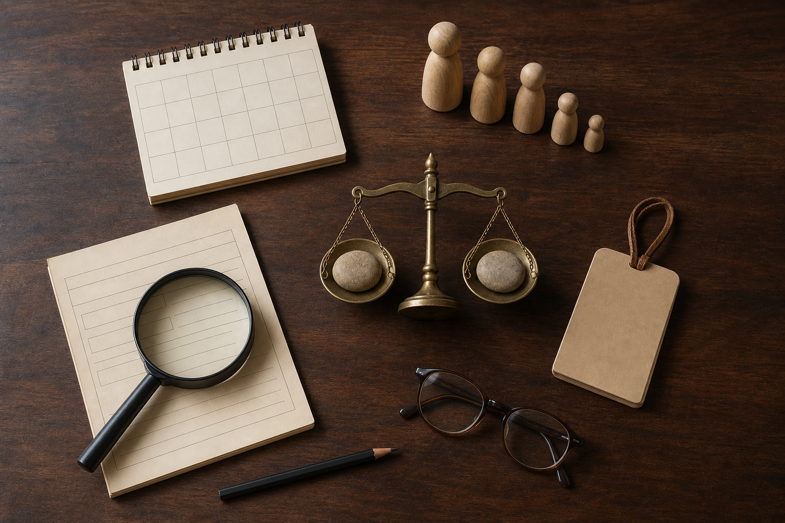 Five groups of research objects, including a magnifying glass, blank calendar, age-group tokens, balance, and suitcase tag, are arranged on a wooden desk.