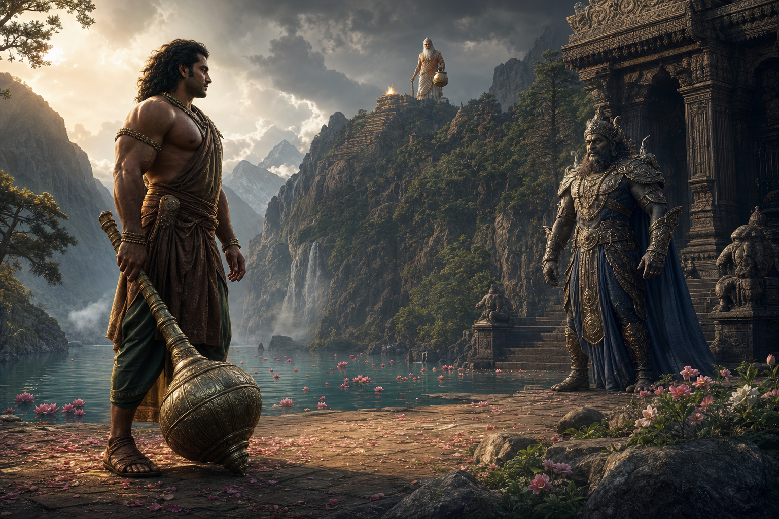 Bhima holds a lowered mace while facing the yaksha Maniman near a Himalayan lotus garden, with the sage Agastya visible in the distance beside a ritual fire.