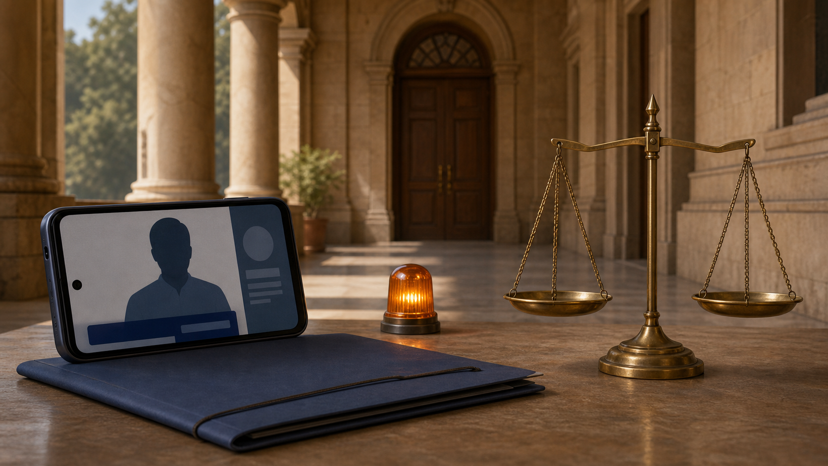 A smartphone with a faceless video presenter sits beside a closed case folder and balanced scales in an Indian courtroom corridor.