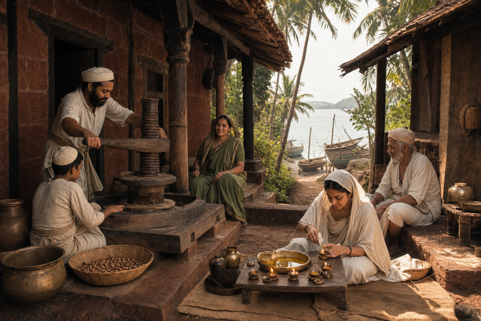 Historical reconstruction of a Bene Israel family in a coconut-lined Konkan courtyard with a wooden oil press, Sabbath lamps, and the Arabian Sea in the distance.