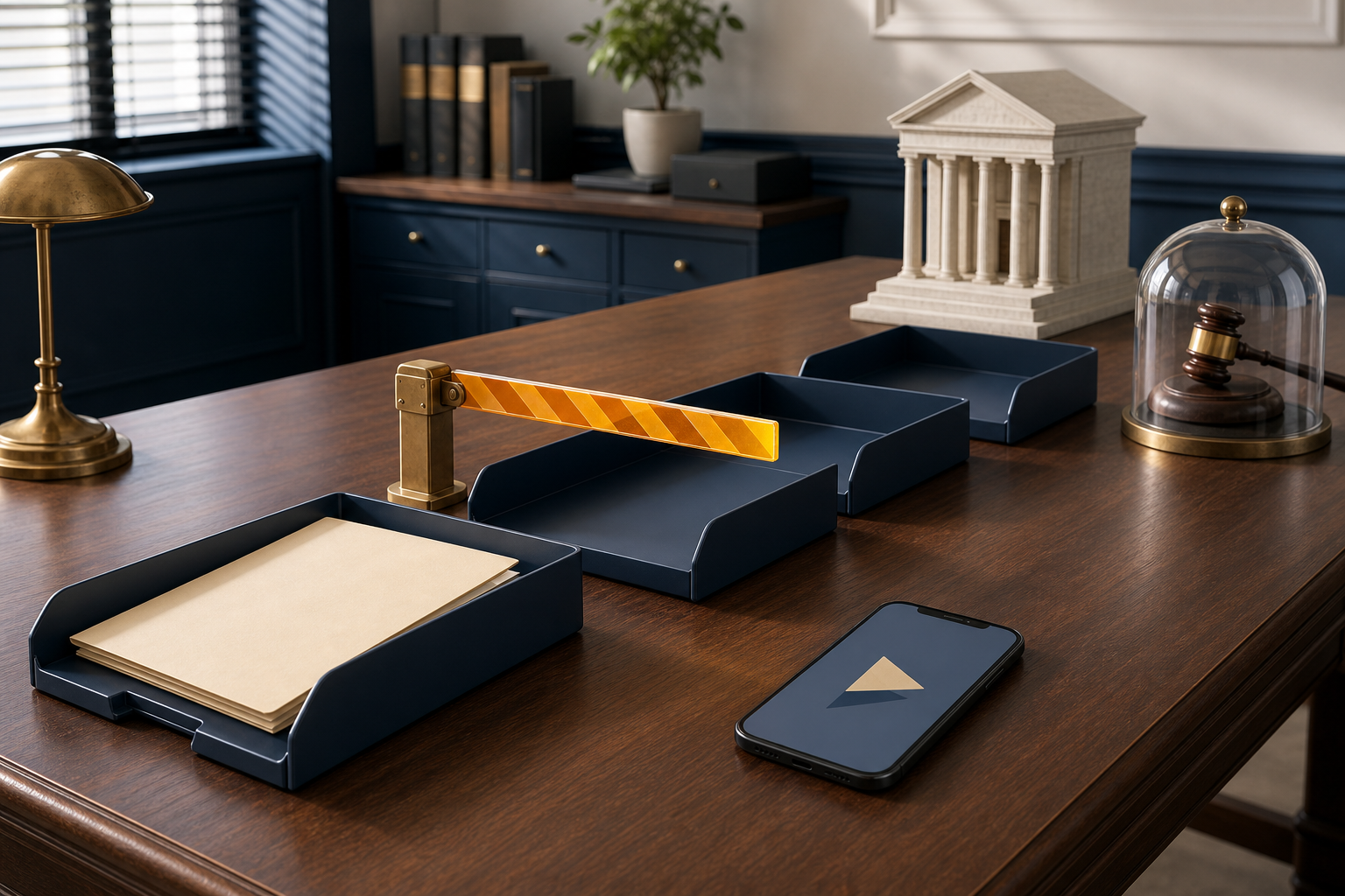 A report folder passes through an amber checkpoint on an administrative desk while an untouched gavel remains under glass.