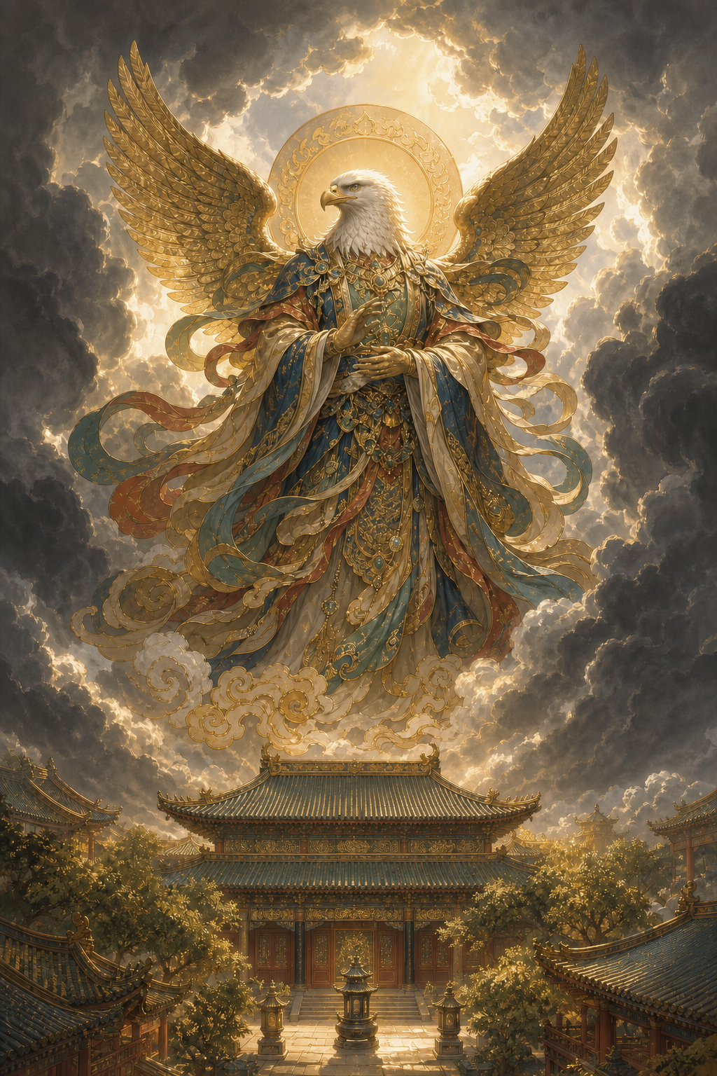 A golden-winged eagle-headed guardian in flowing robes stands above a traditional Chinese Buddhist temple roof.
