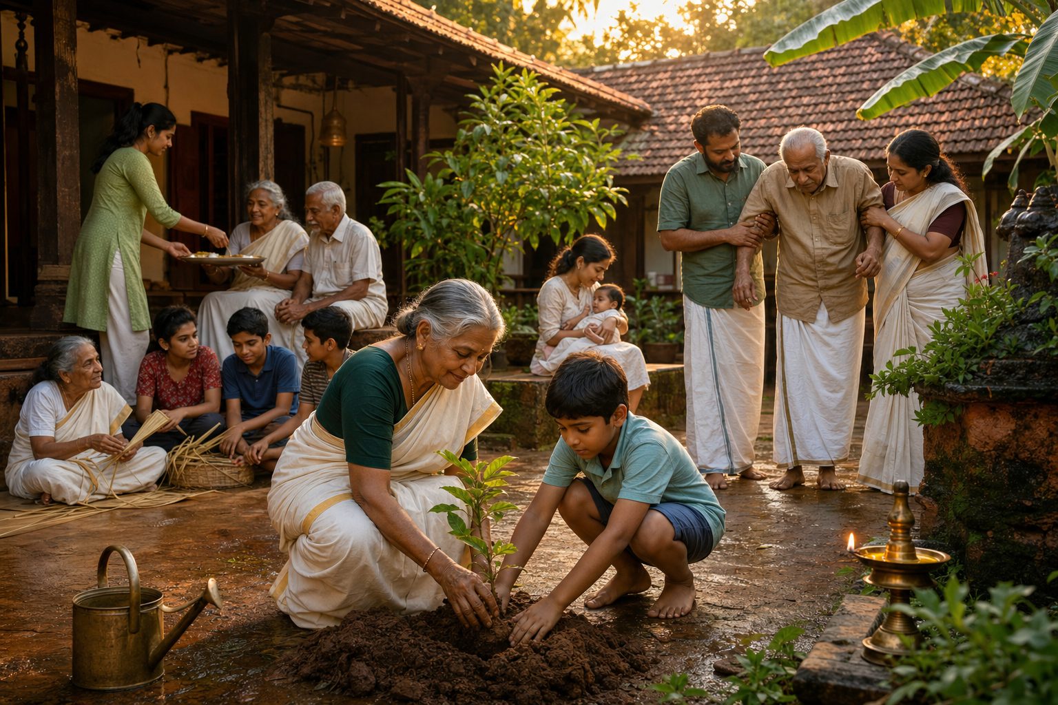 A Kerala Hindu family and community volunteers plant a sapling, care for elders and an infant, serve food, and share a traditional craft in a tiled courtyard.