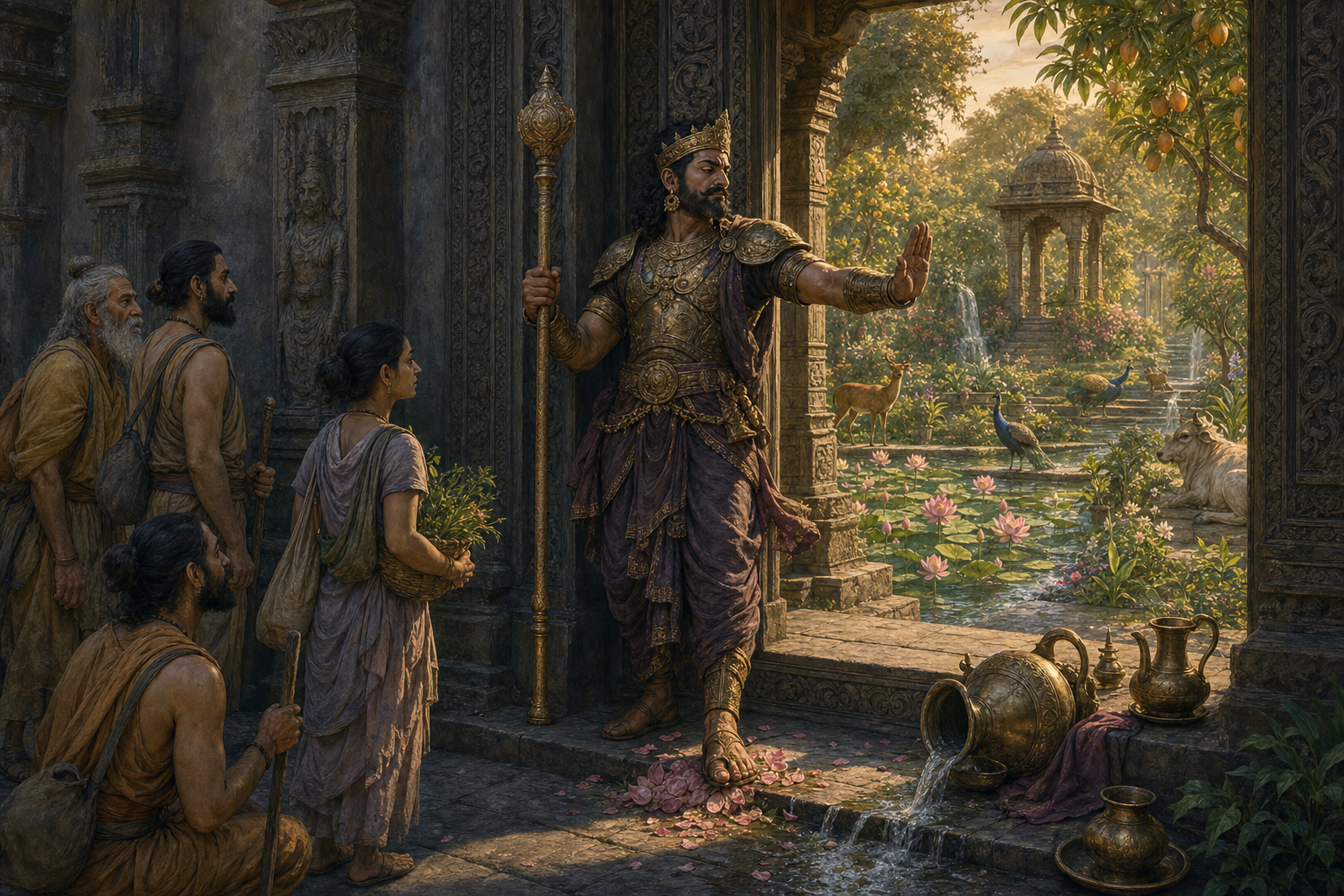 Maniman blocks travelers and ascetics at the gate of a flourishing mountain garden while water spills from an unattended vessel beside him.