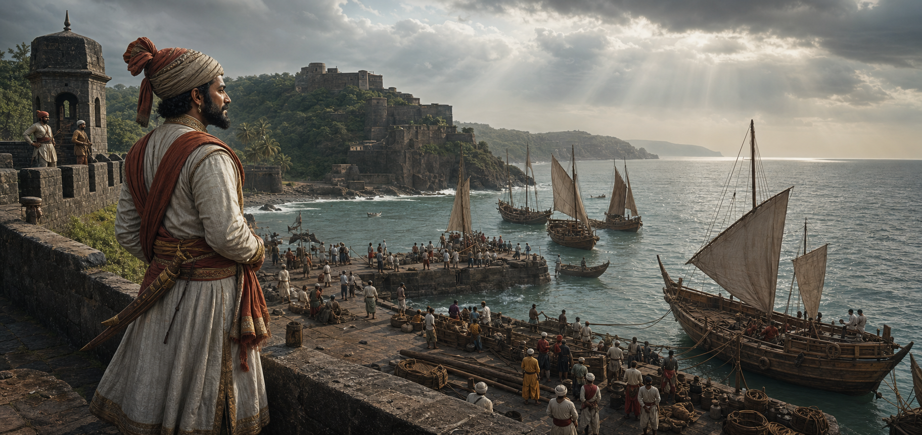 Historical illustration of Shivaji overlooking a Konkan sea fort and harbor where sailors and dockworkers prepare wooden Maratha vessels.