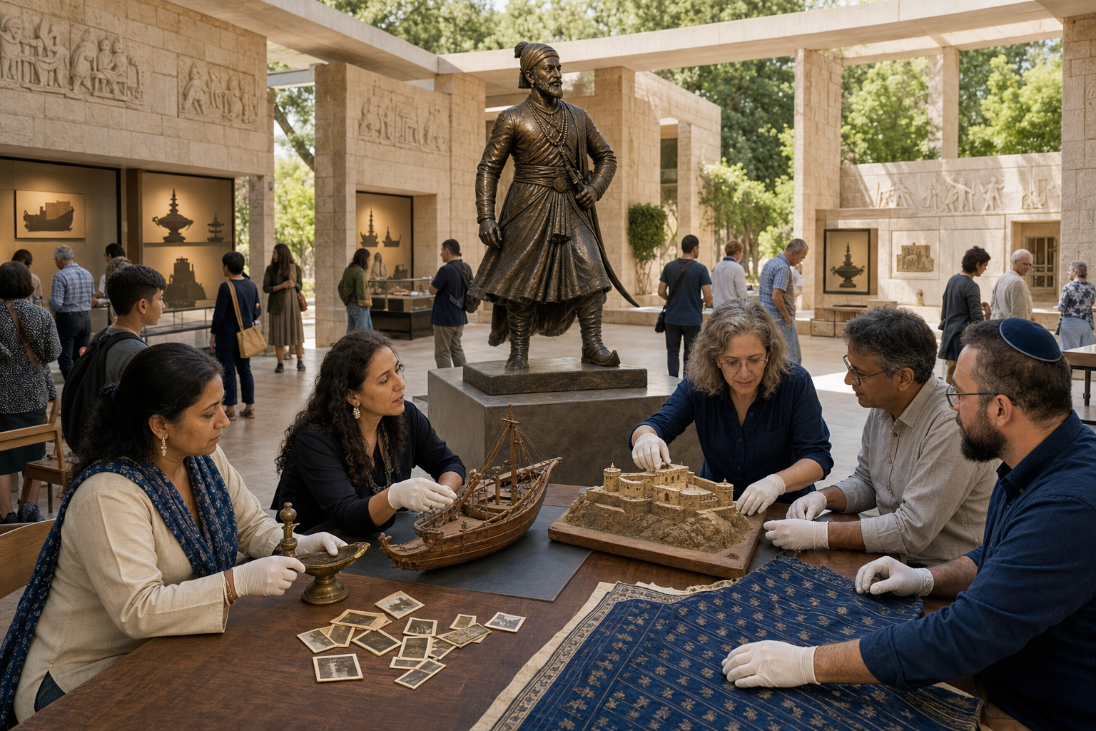 Indian, Israeli, and Bene Israel heritage professionals examine maritime and domestic artifacts beside an uninscribed Shivaji memorial in a Jerusalem stone pavilion.