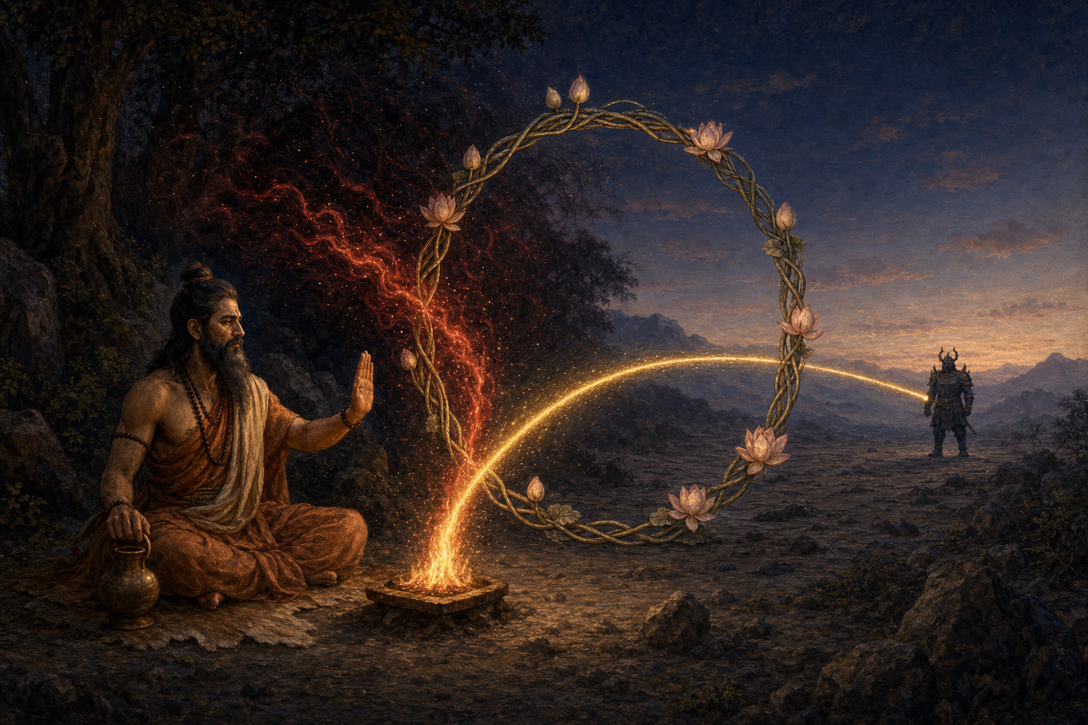 Agastya sits beside a ritual fire as a band of red light becomes calm gold while passing through a ring of lotus stems.