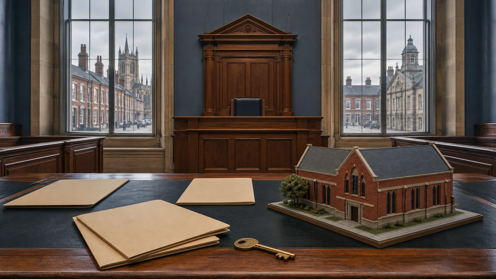 An empty courtroom with unmarked document folders, a property key, and a model of a red-brick worship building on the counsel table.