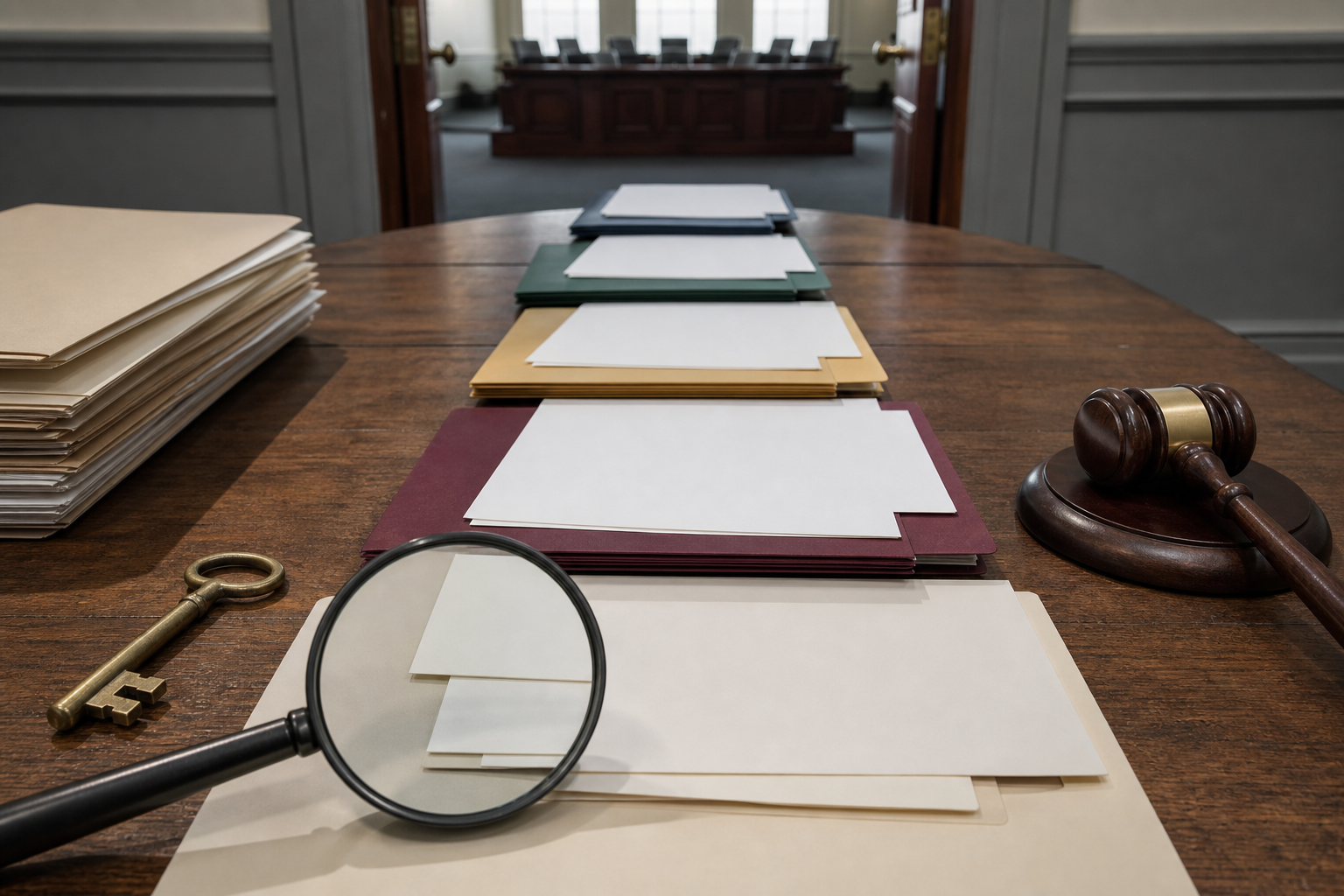 Unmarked council files, blank meeting papers, a brass key, a gavel, and a magnifying glass arranged in a chronological trail.