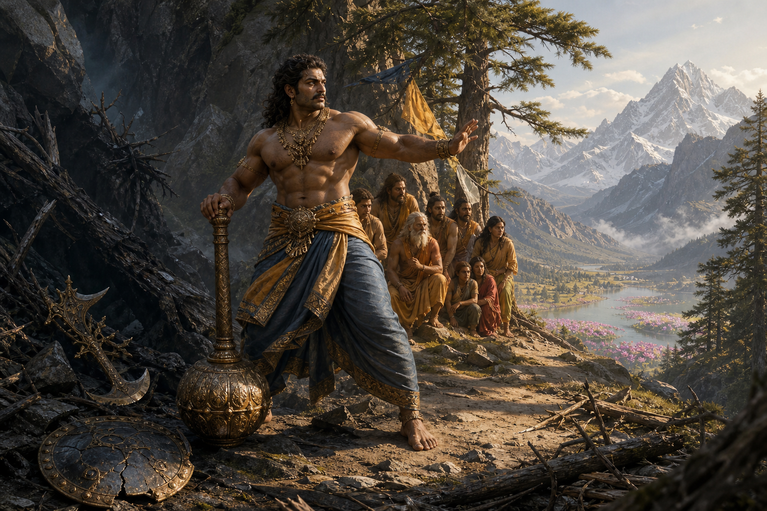 Bhima plants his mace on the ground and shields travelers in a Himalayan pass, with a broken shield and abandoned weapon nearby.