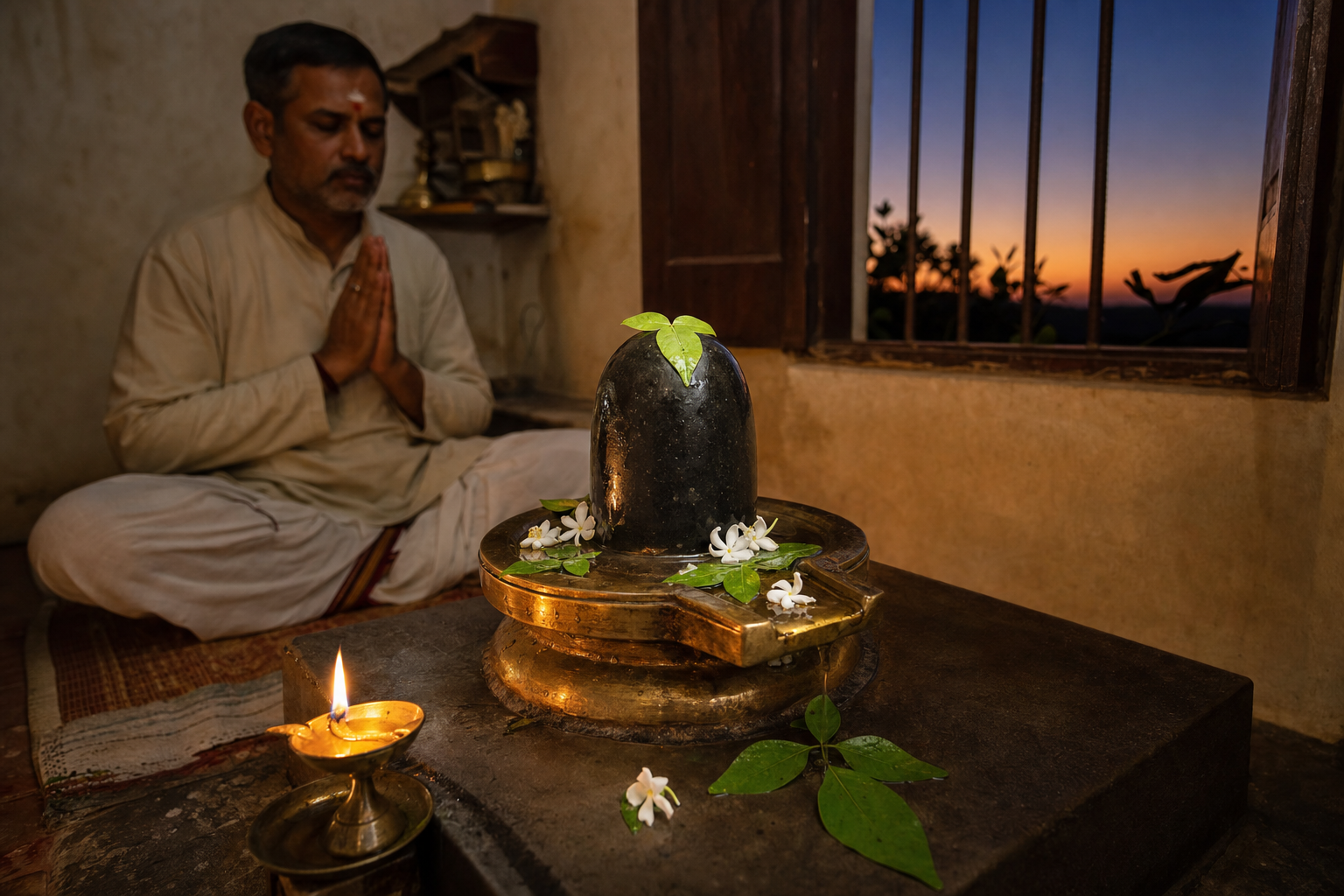 A devotee prays before a Shiva linga with bilva leaves and an oil lamp as the sky darkens after sunset.