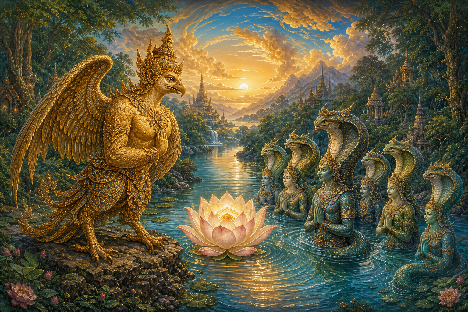 Garuda and several cobra-hooded nagas face one another peacefully across a luminous lotus at a riverbank.