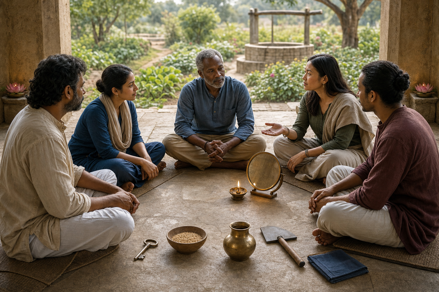 Five adults sit in a circle around a bronze mirror and oil lamp, with simple objects such as a key, grain bowl, water vessel, tool, and cloth before them.