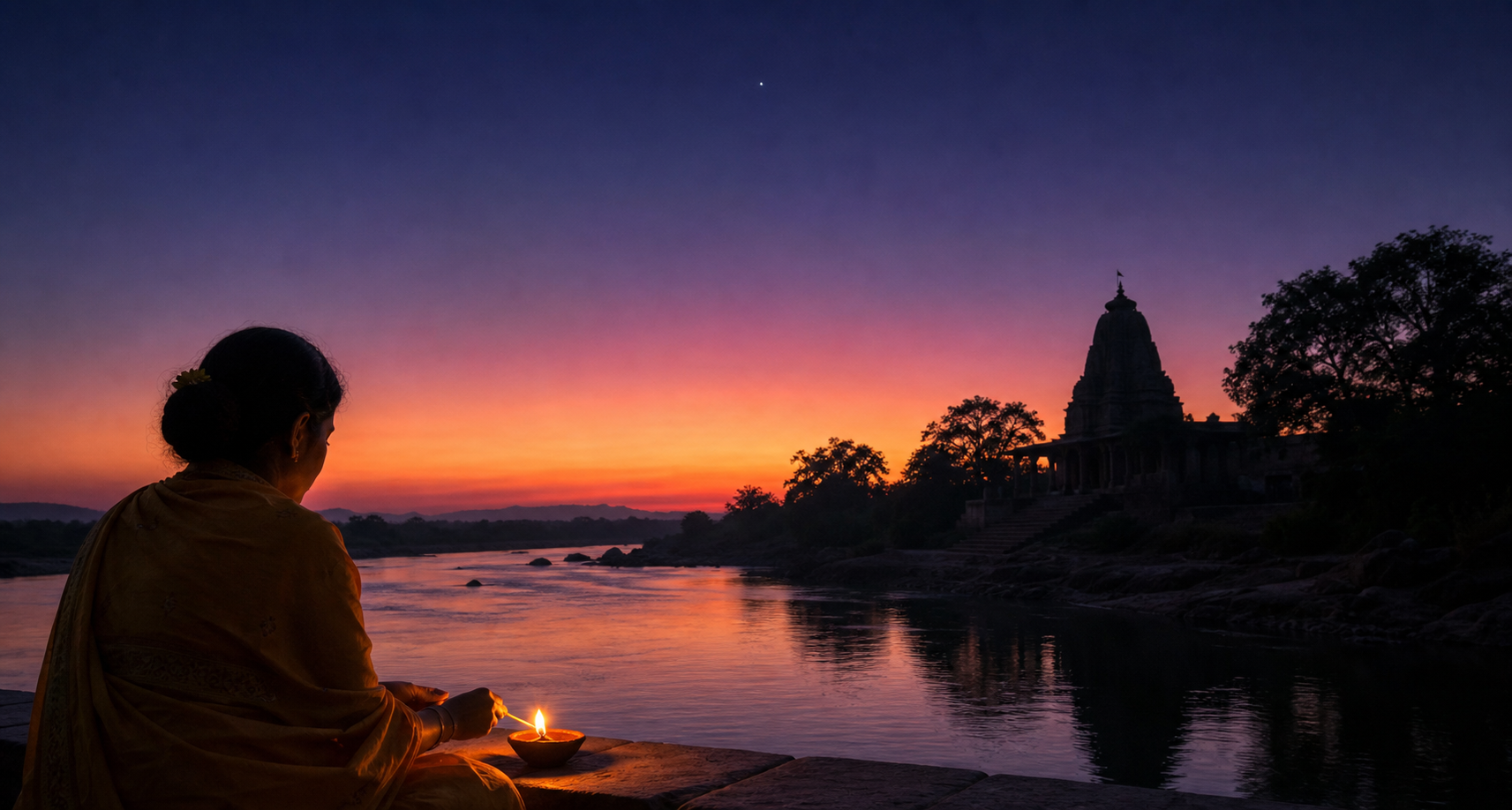 A devotee lights a clay lamp near a riverside Shiva temple just after sunset beneath an orange and indigo sky.