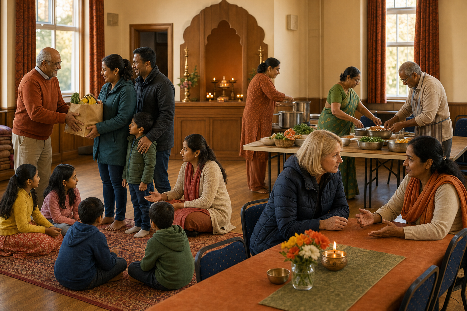 Volunteers and families gather in a Hindu community hall for food support, a children's lesson, meal preparation, and guidance.