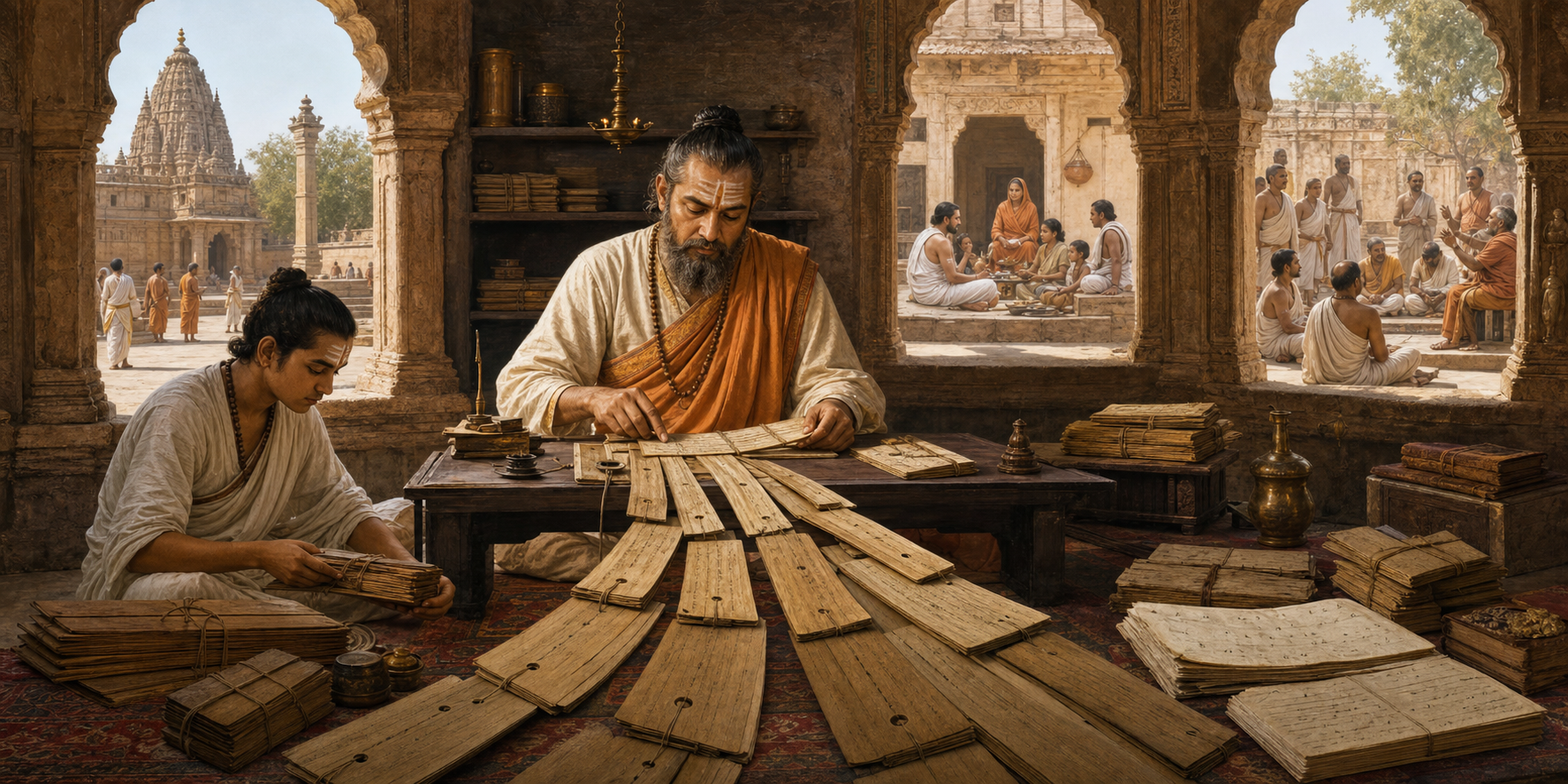 A medieval Hindu jurist compares layered manuscript folios in a scholarly chamber overlooking scenes of ritual, household life, and a public hearing.