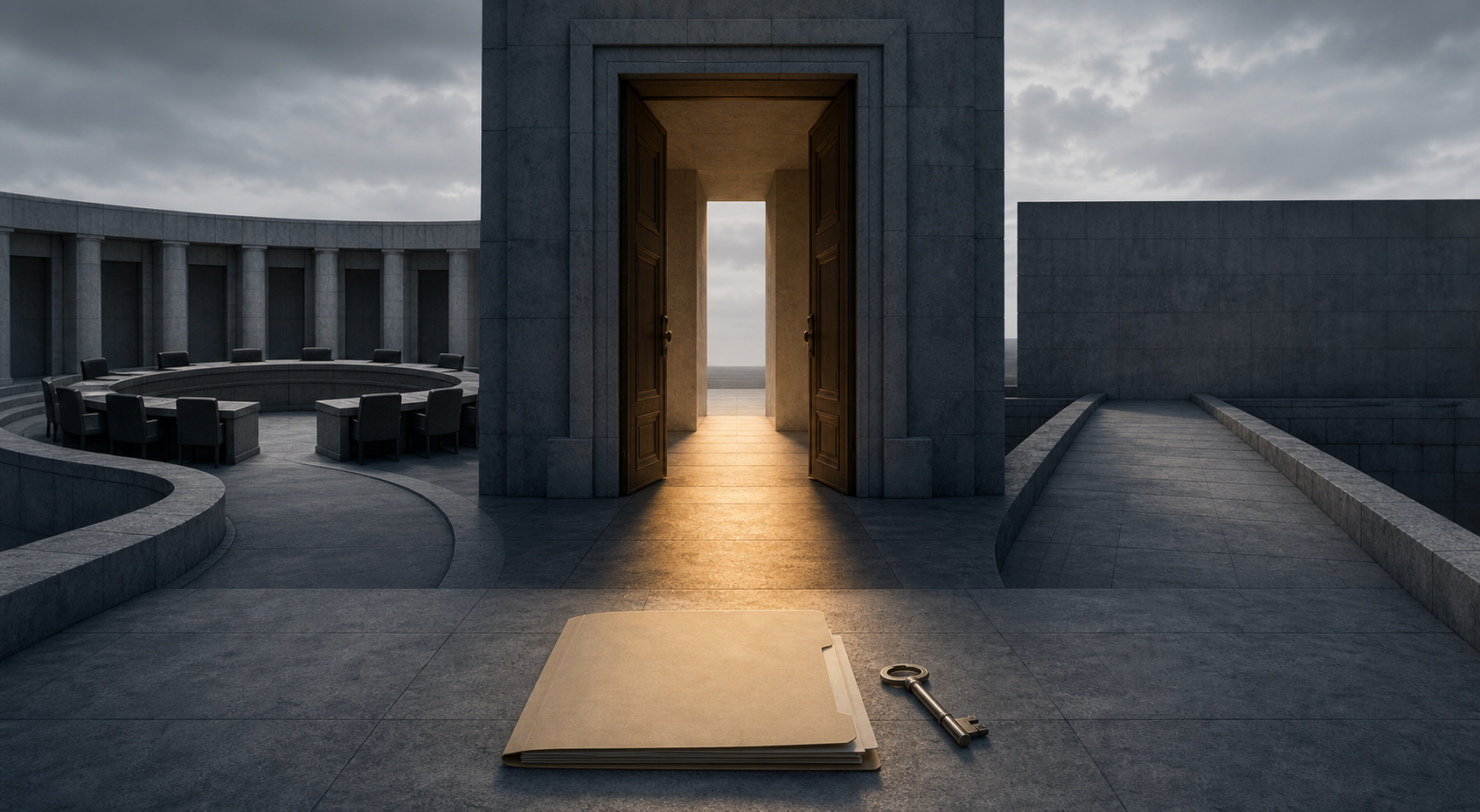 An open courthouse doorway illuminates a property file and key beside one path returning to a council chamber and another ending at a boundary.
