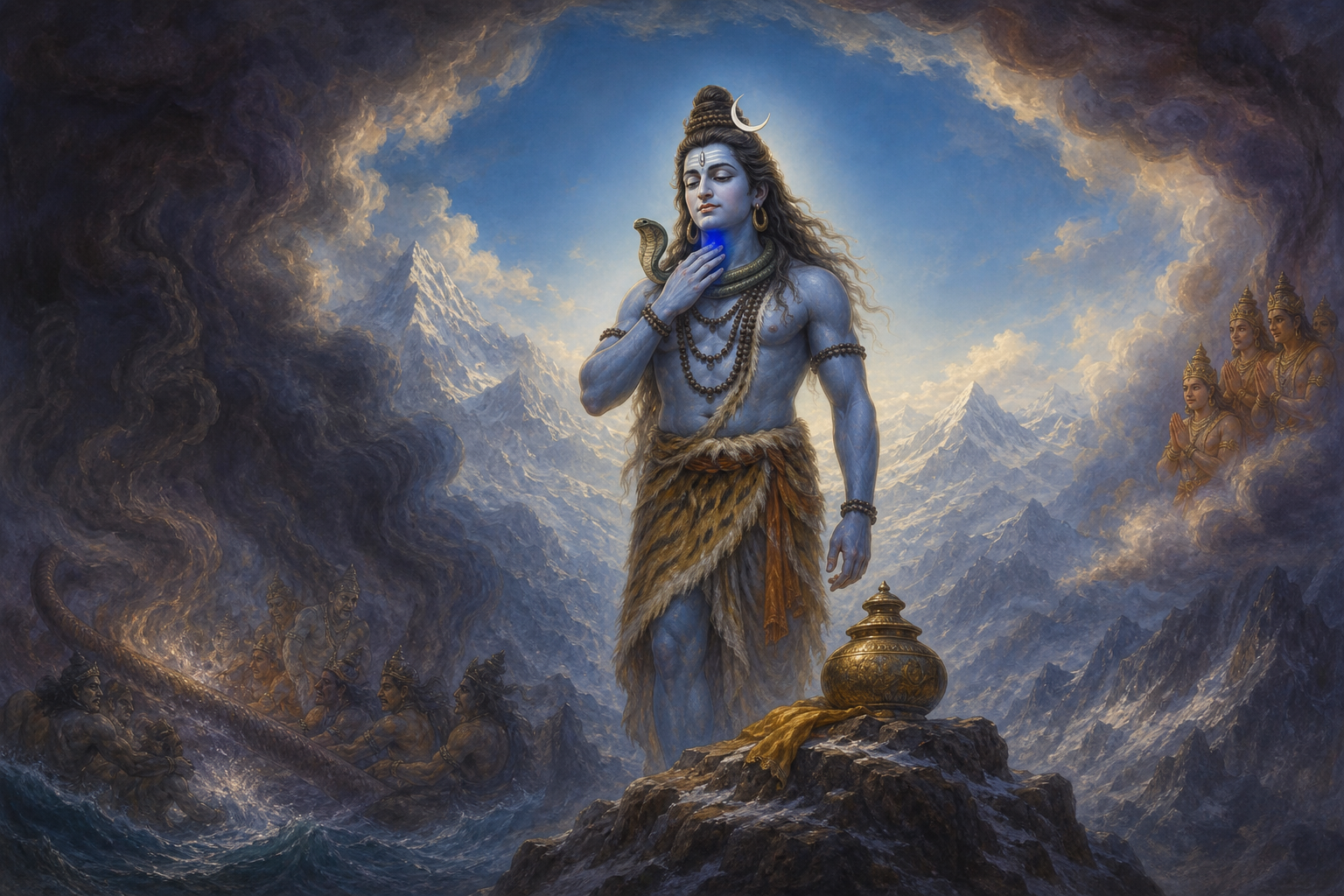 Shiva stands calmly in a Himalayan setting with a blue throat as turbulent darkness clears around him during the Halahala episode.
