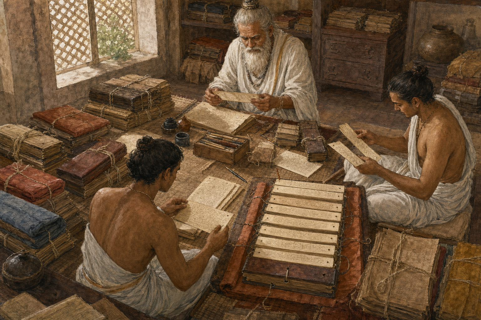 Scholars in a medieval manuscript workshop compare several source bundles while organizing selected folios into a legal digest.