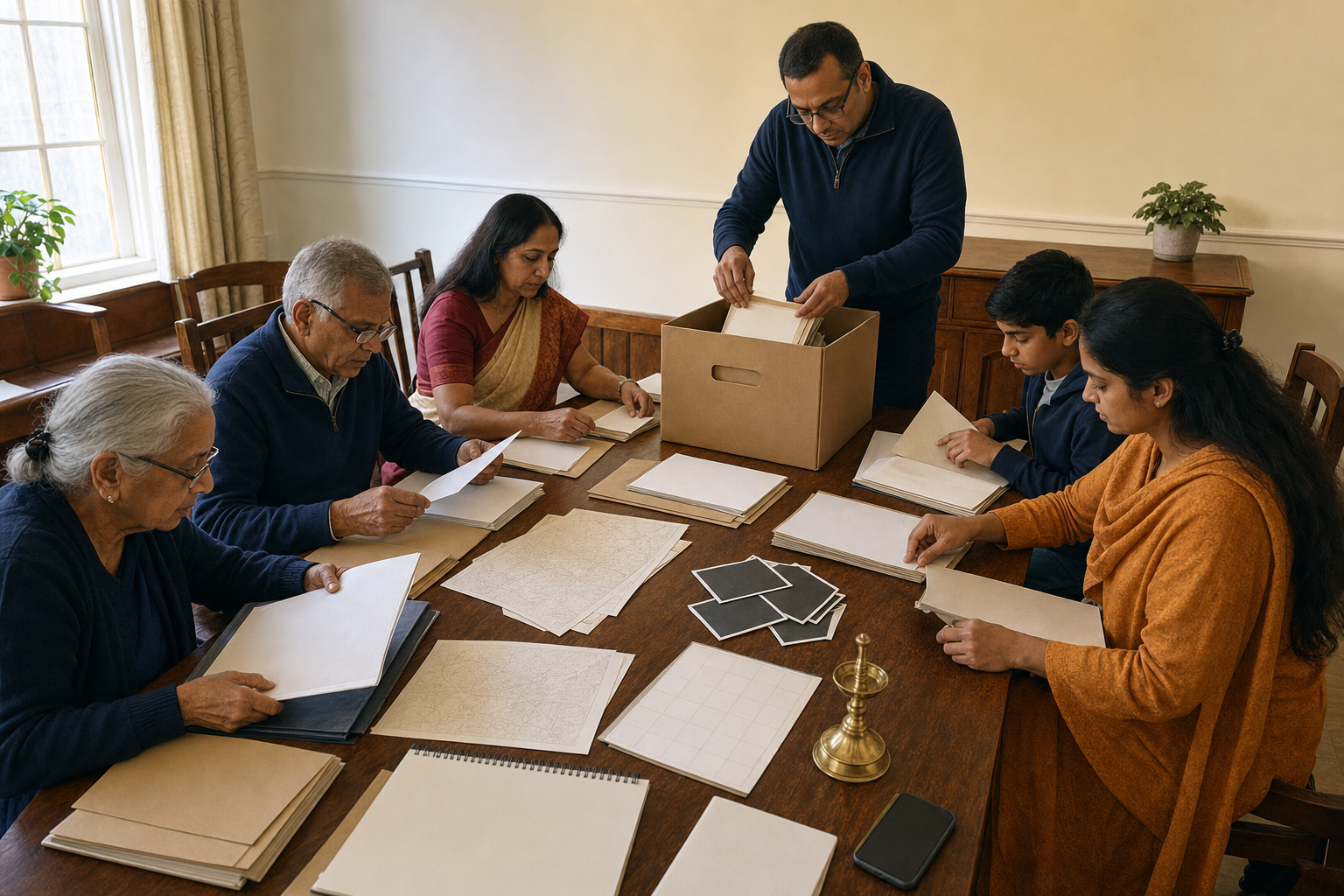 Hindu community members calmly organize blank documents, maps, folders, and an evidence box around a meeting table.