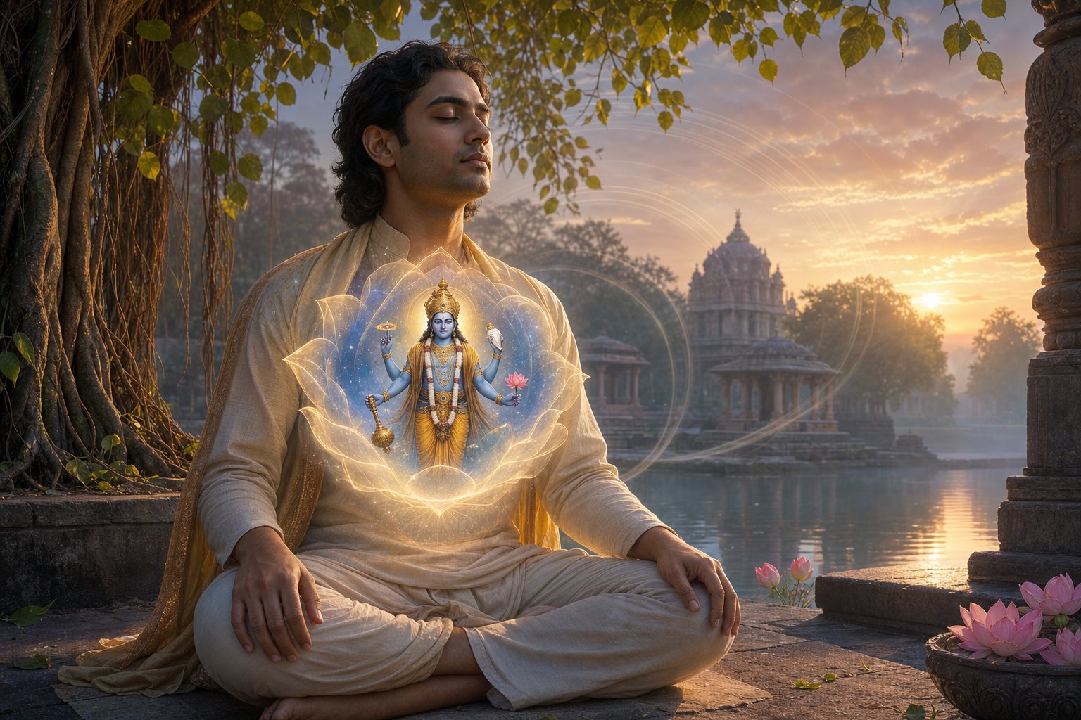 A seated contemplative at dawn with a luminous lotus at the center of the chest and a small sacred vision of four-armed Narayana within it.