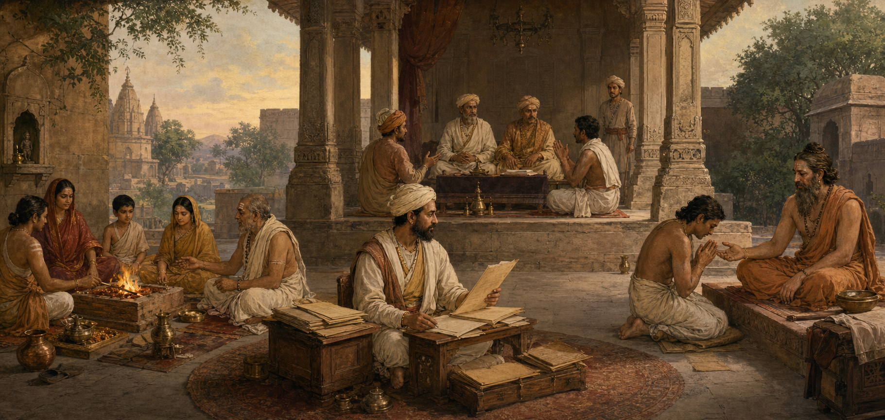 A jurist links a household ritual, a public legal hearing, and an act of penance within one medieval Indian setting.
