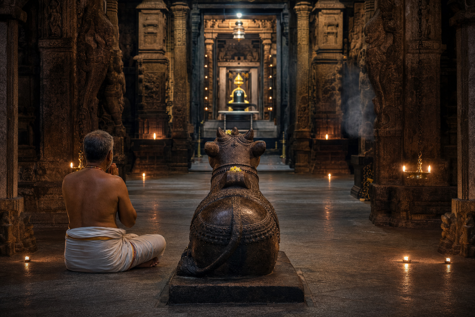 A stone Nandi faces the illuminated Shiva sanctum while a devotee prays behind it in a lamp-lit temple.