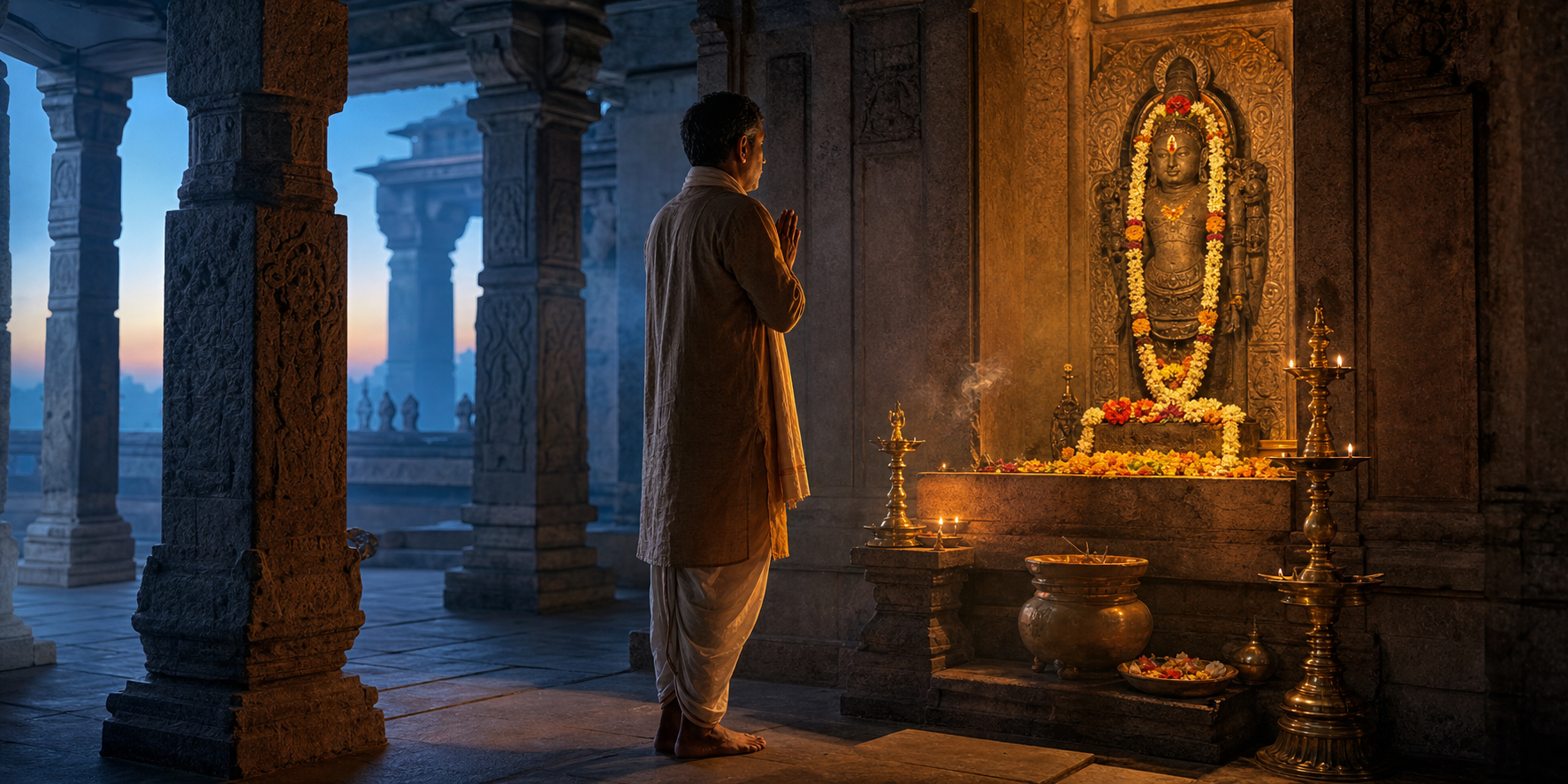 A barefoot devotee stands with folded hands before a flower-adorned stone murti in a lamp-lit Hindu temple at dawn.