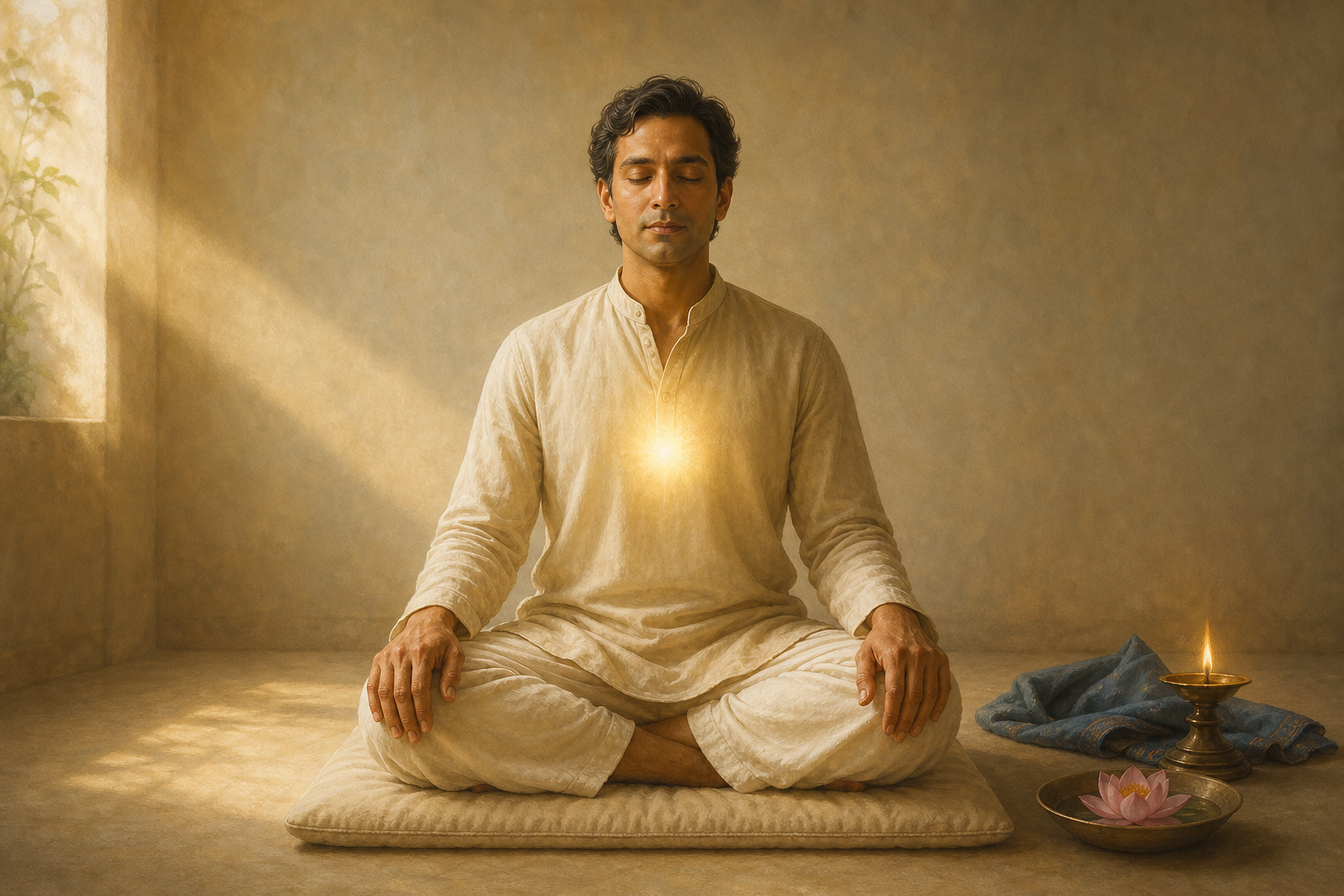A meditator sits upright on a cushion with a soft golden glow marking the center of the chest as a contemplative point of attention.