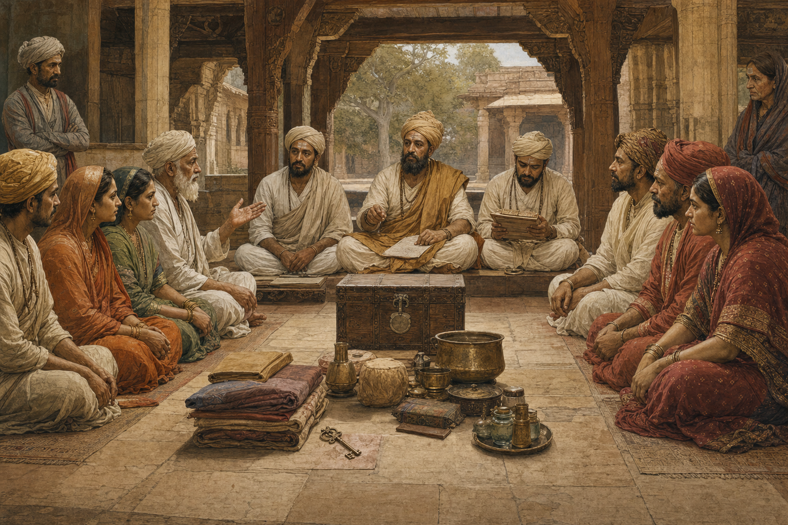 Family members, witnesses, adjudicators, and a record keeper examine an inheritance dispute in a medieval Indian public hall.