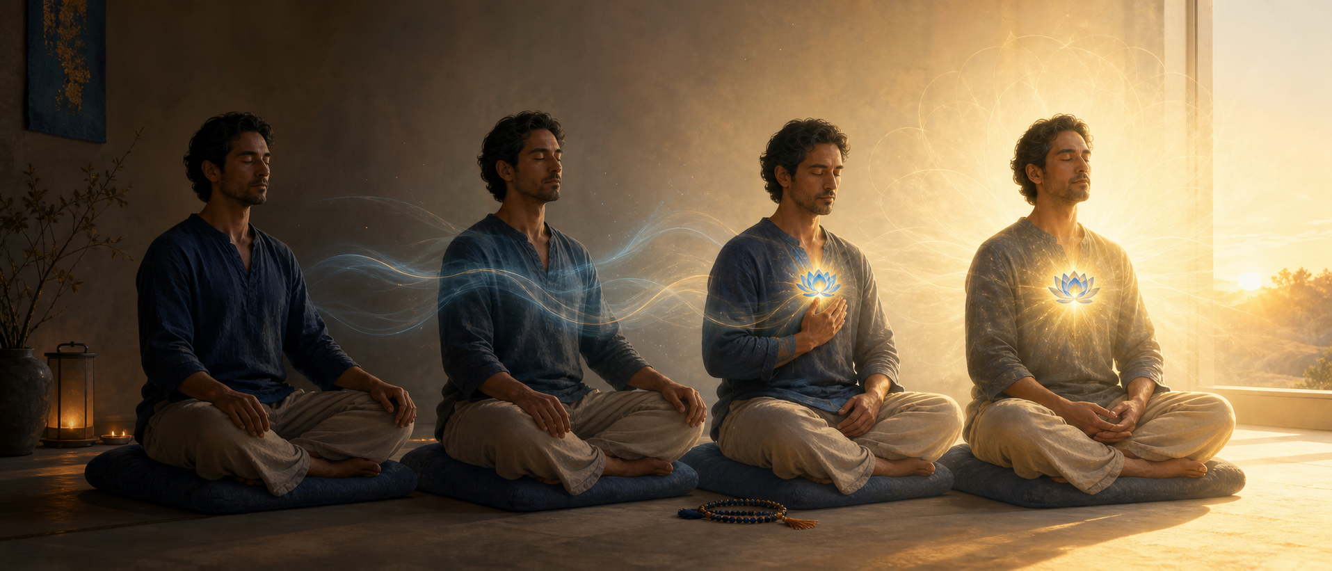 Four flowing views of one practitioner settling, breathing calmly, attending to a luminous heart-lotus, and resting in silence.