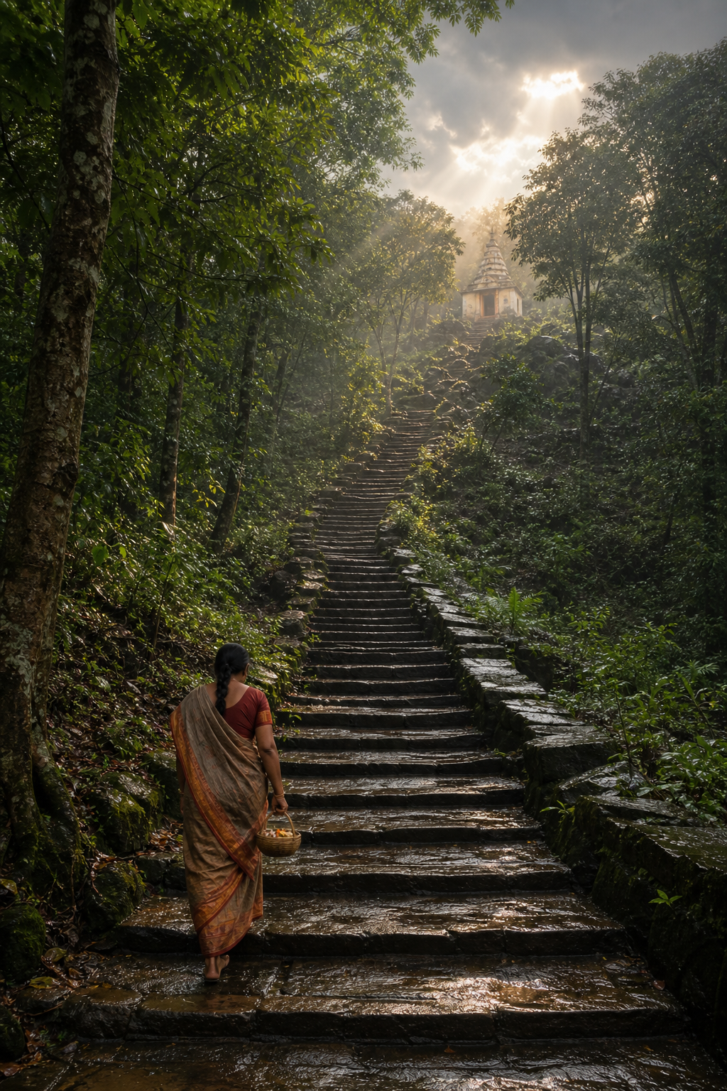 A pilgrim carrying an offering basket climbs wet stone steps toward a hilltop shrine as sunlight breaks through clouds.