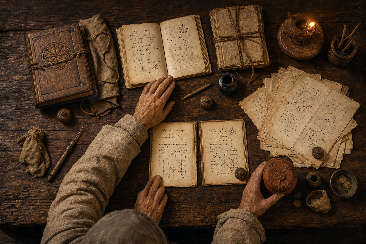 A scholar's hands examine five organized clusters of manuscript materials and case objects on a medieval writing desk.