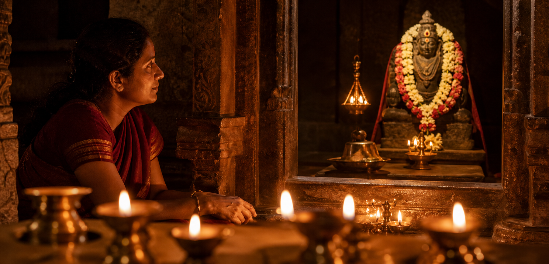 A seated devotee gazes attentively toward a stone murti across a row of glowing oil lamps in a dark temple sanctum.