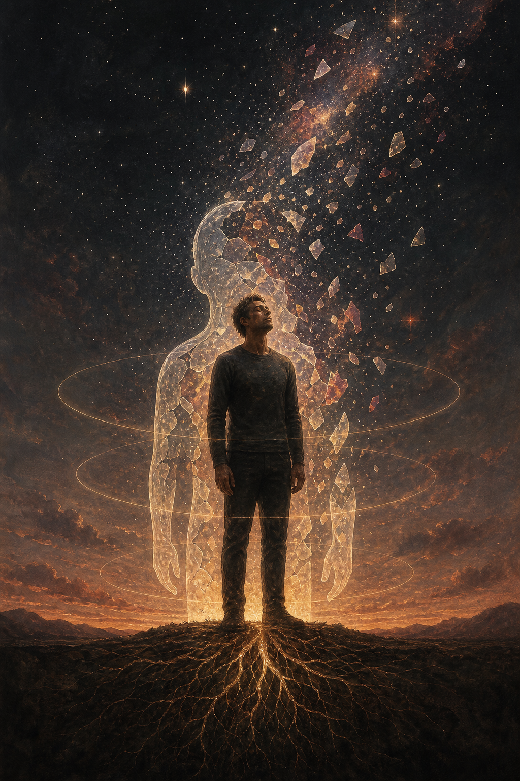 A standing figure remains grounded as a translucent human-shaped shell opens and dissolves into a luminous night sky.